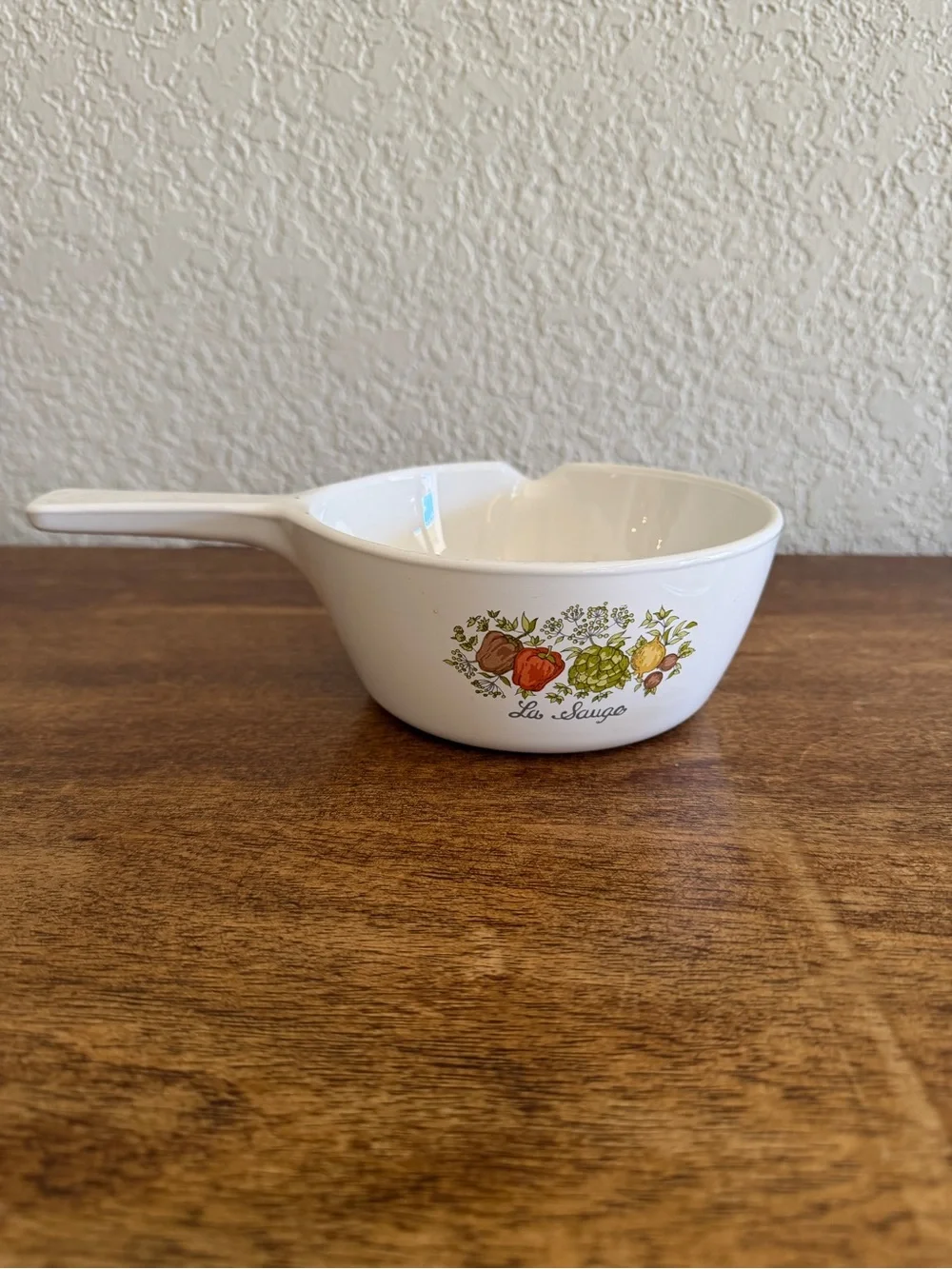 White Ceramic Saucepan with Clear Glass Lid and Harvest Vegetable Decal